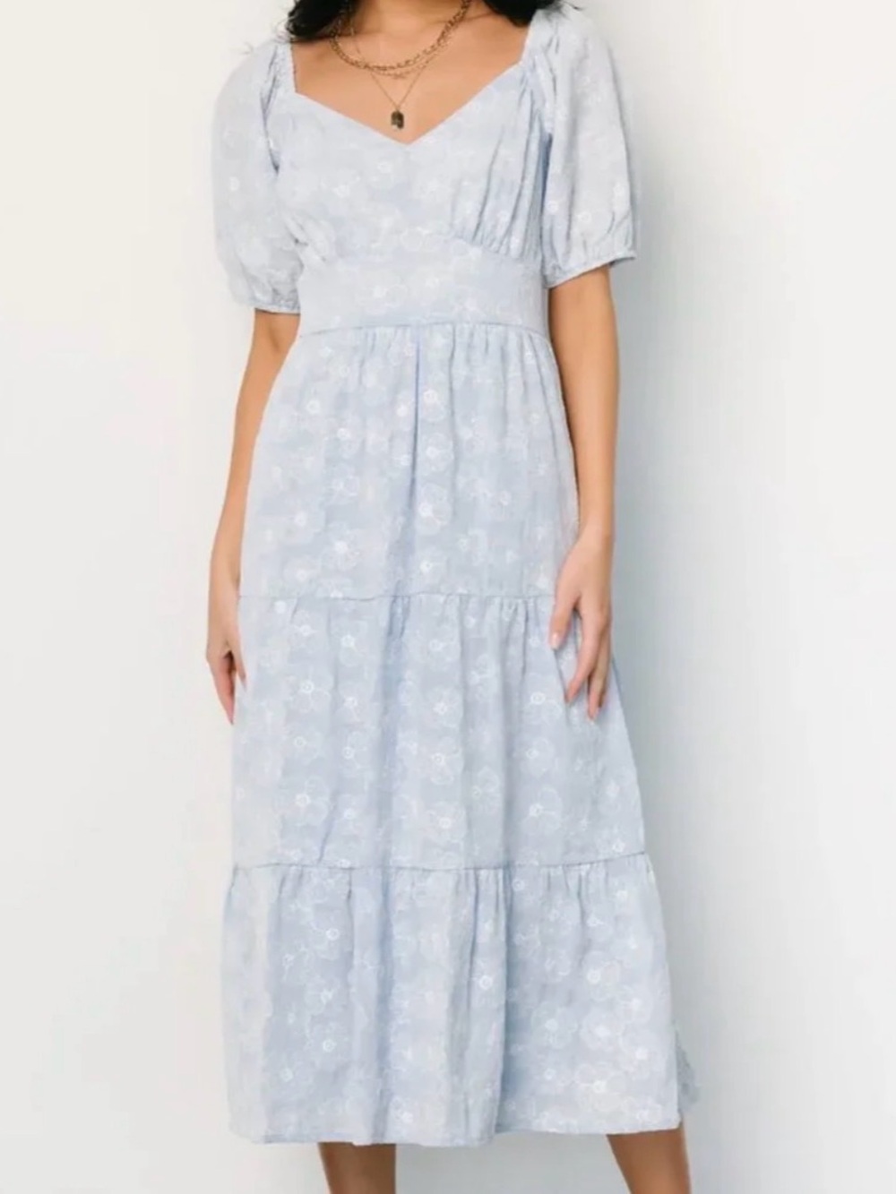 Baltic Born Mildred Embroidered Powder Blue Midi Dress Puff Sleeve Sz‎ Small